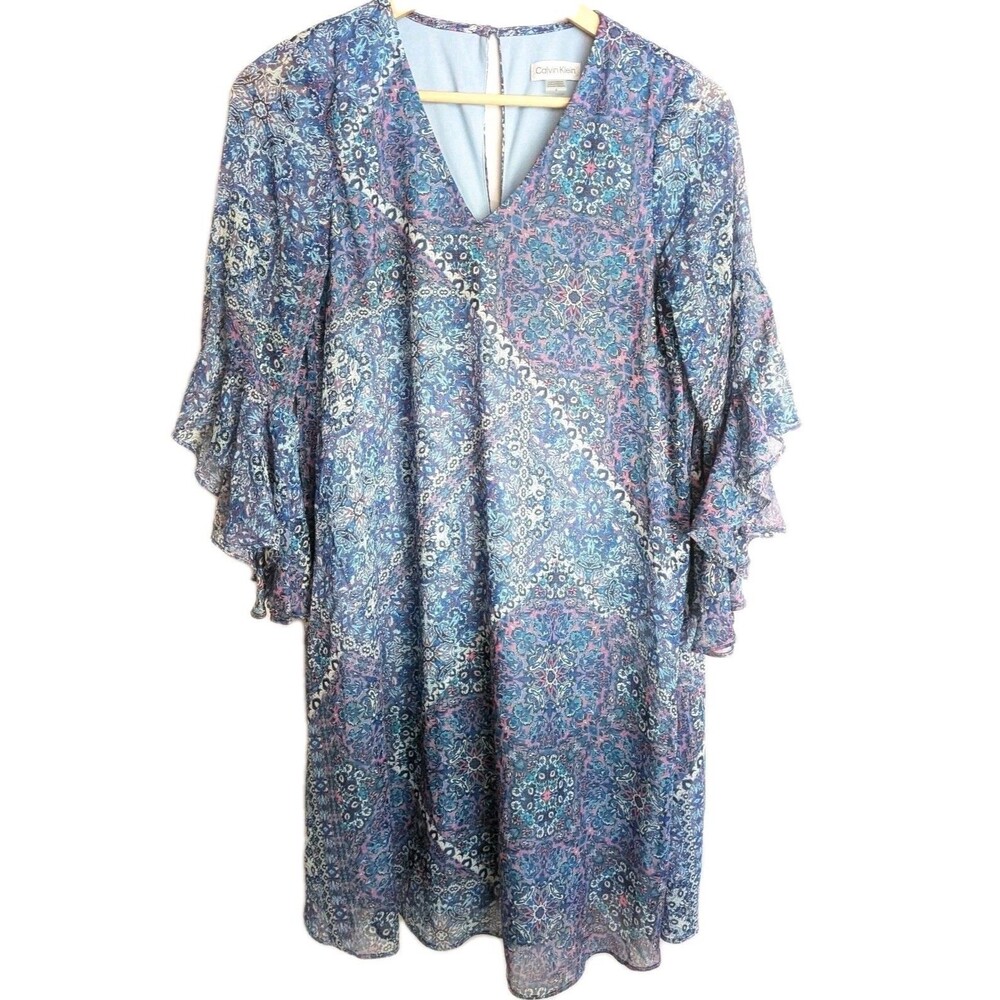Calvin Klein Blue Silhouette Shift Chiffon Dress Womens Sz 4 Bell Sleeve Lined
